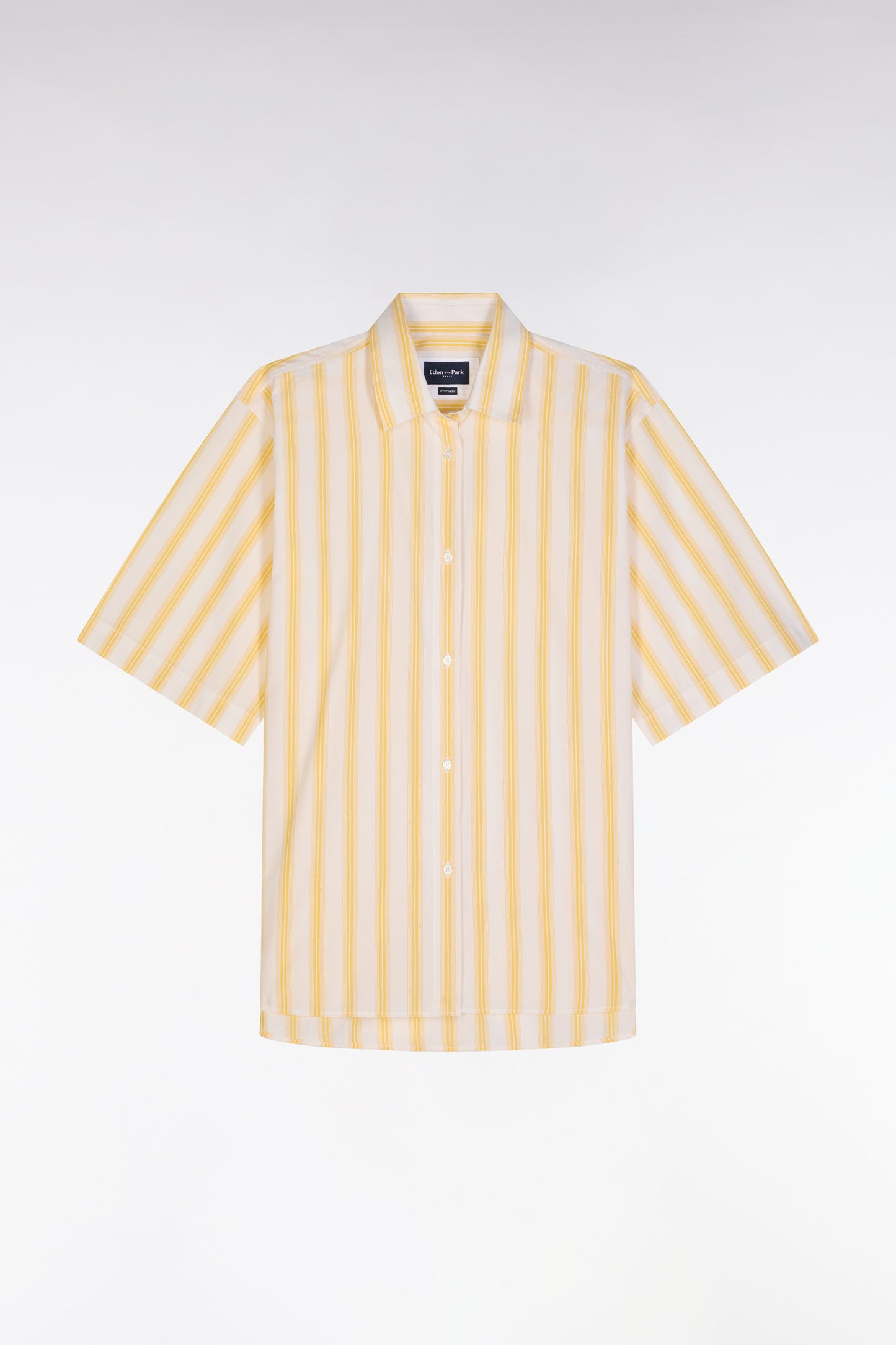Oversized striped short-sleeved shirt in yellow and white cotton