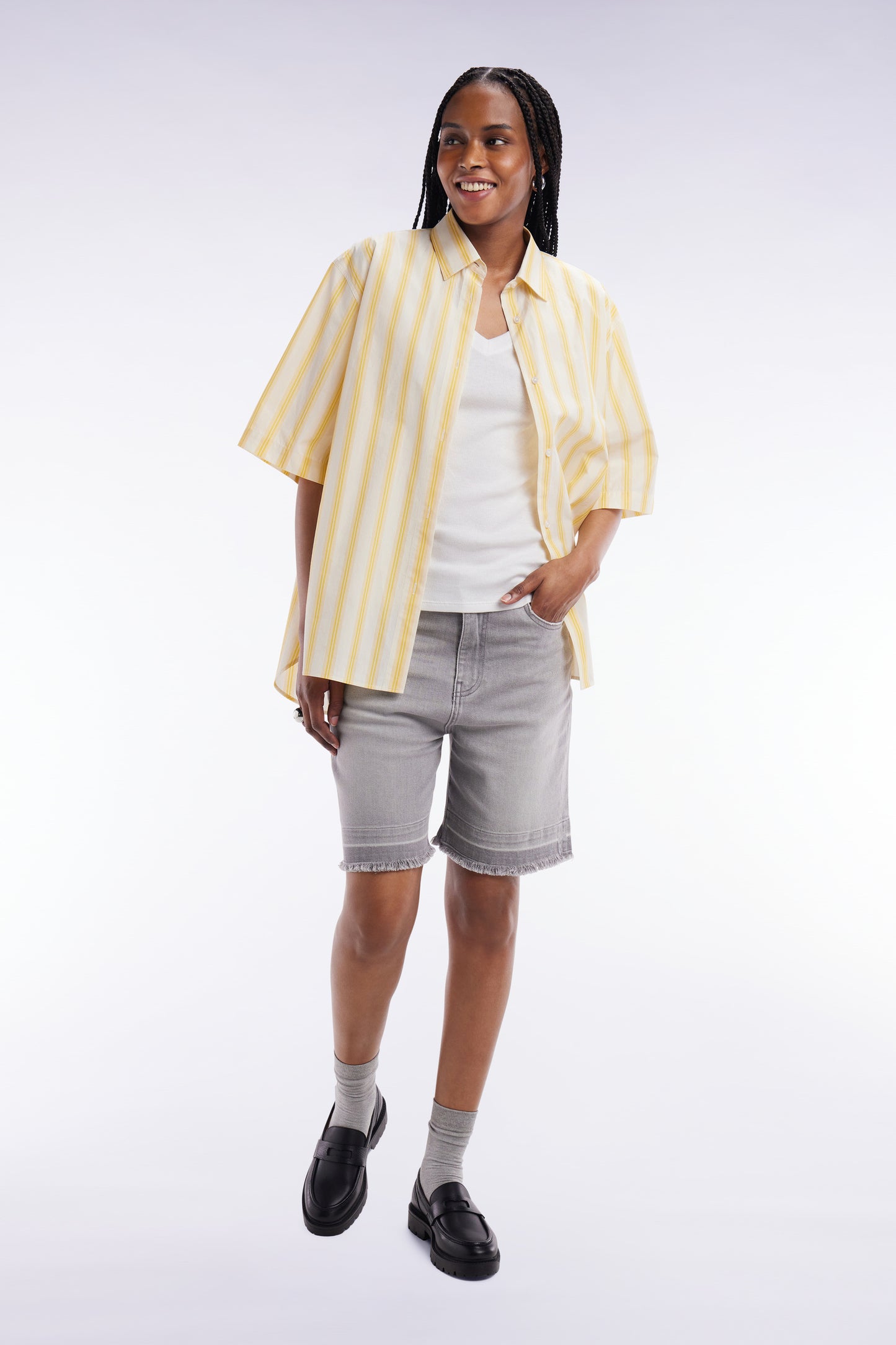 Oversized striped short-sleeved shirt in yellow and white cotton