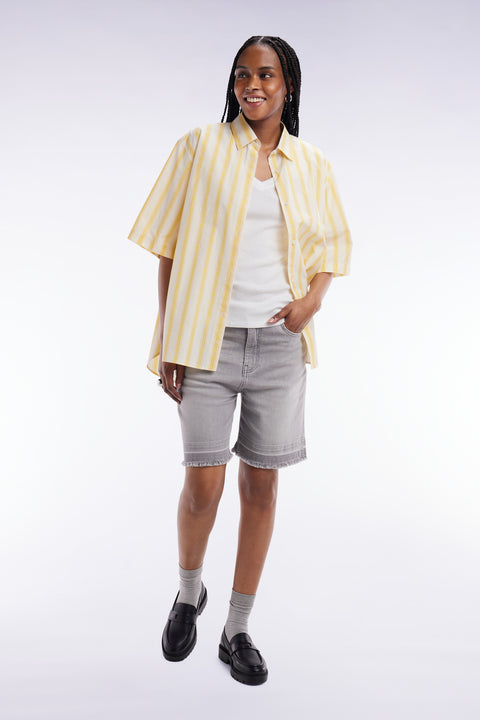Oversized striped short-sleeved shirt in yellow and white cotton - Image 1