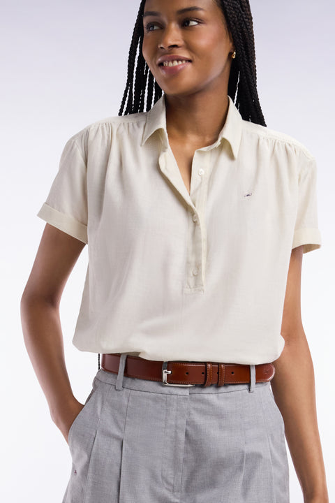 Relaxed-fit short-sleeved ecru cotton blouse - Image 1