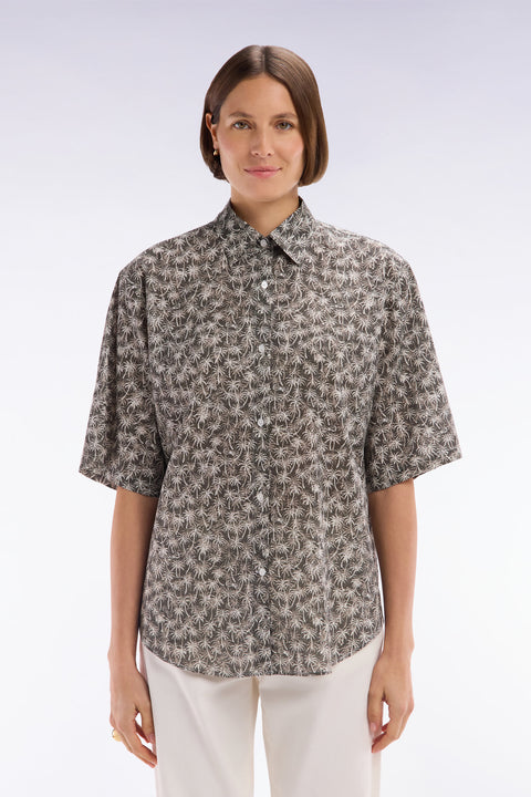 Oversized short-sleeved khaki cotton shirt with palm print - Image 3