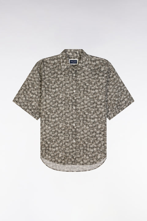 Oversized short-sleeved khaki cotton shirt with palm print - Image 2