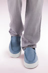 Blue-gray suede loafers with sneaker soles