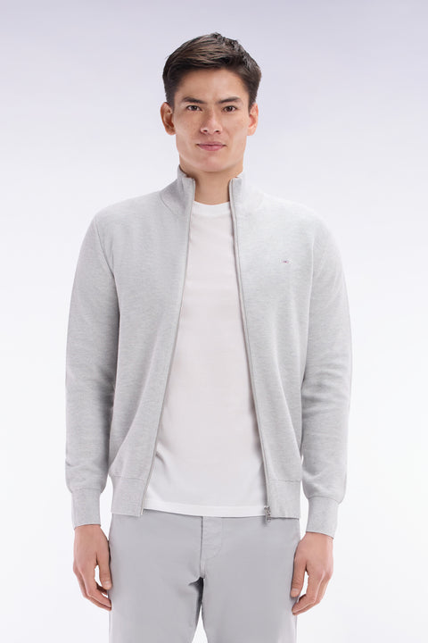 Straight-fit zipped grey honeycomb cotton cardigan - Image 1