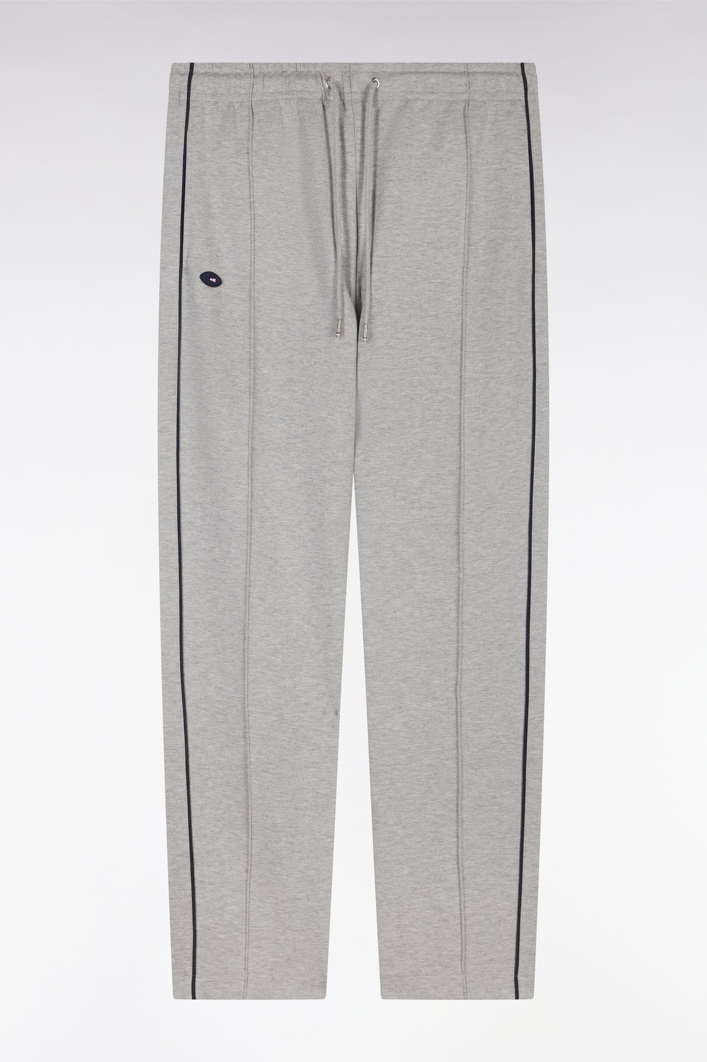 Straight-cut grey stretch cotton fleece jogging pants with navy blue piping