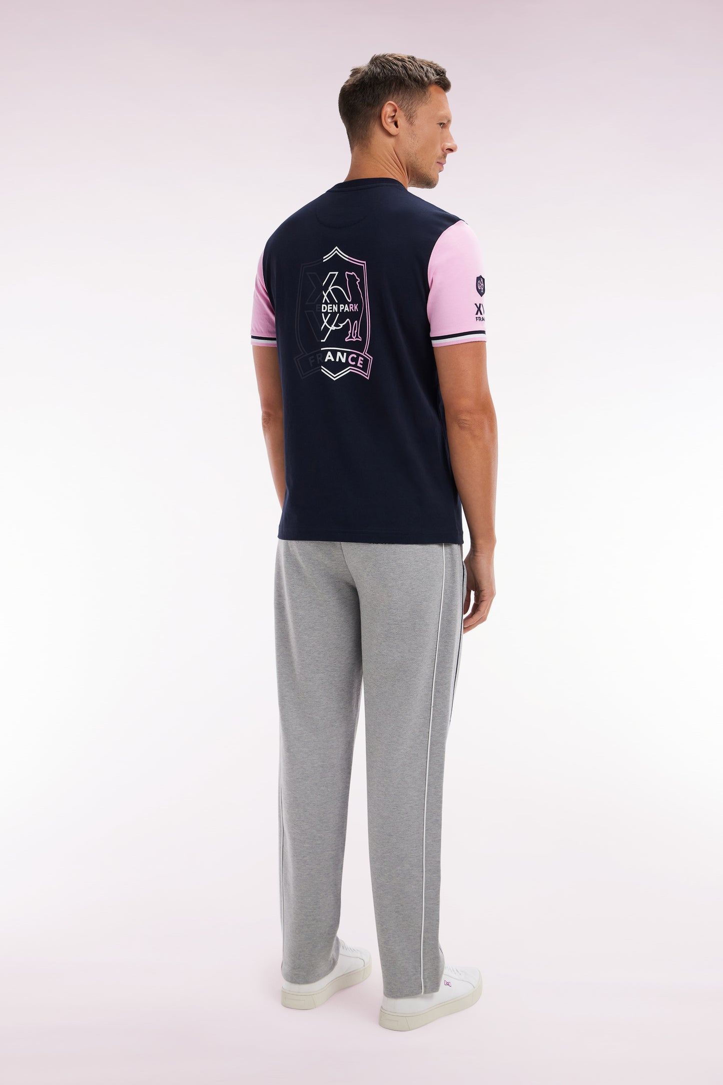 Straight-cut grey stretch cotton fleece jogging pants with navy blue piping
