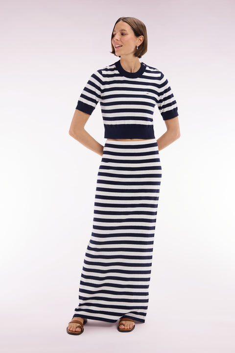 Relaxed-fit striped organic cotton and cashmere navy tube skirt - Image 1