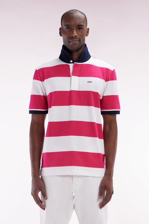 Short-sleeved jersey in fuchsia and white ringed Pima cotton, straight cut - Image 1