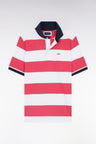 Short-sleeved jersey in fuchsia and white ringed Pima cotton, straight cut