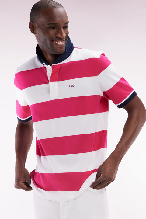 Short-sleeved jersey in fuchsia and white ringed Pima cotton, straight cut - Image 3