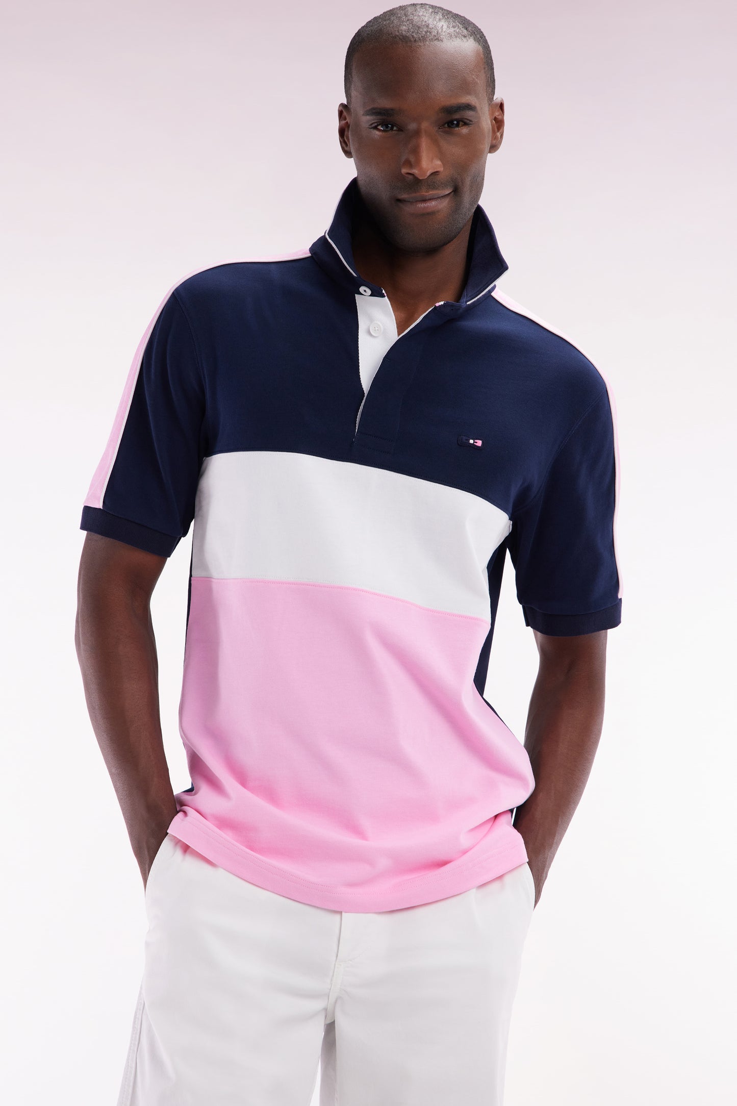 Straight cut and sew short-sleeved rugby jersey in pink cotton
