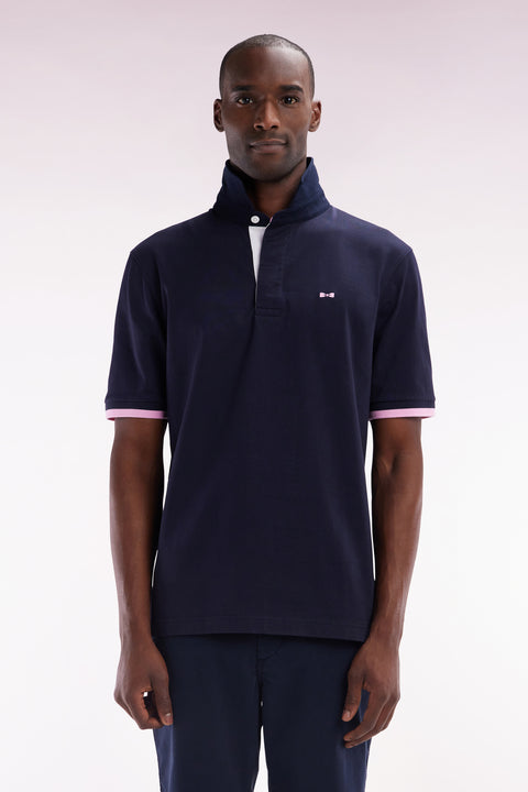 Straight-cut navy cotton short-sleeved rugby shirt with Eden Park back embroidery - Image 1