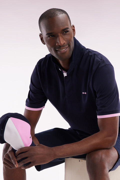 Straight-cut navy cotton short-sleeved rugby shirt with Eden Park back embroidery - Image 3