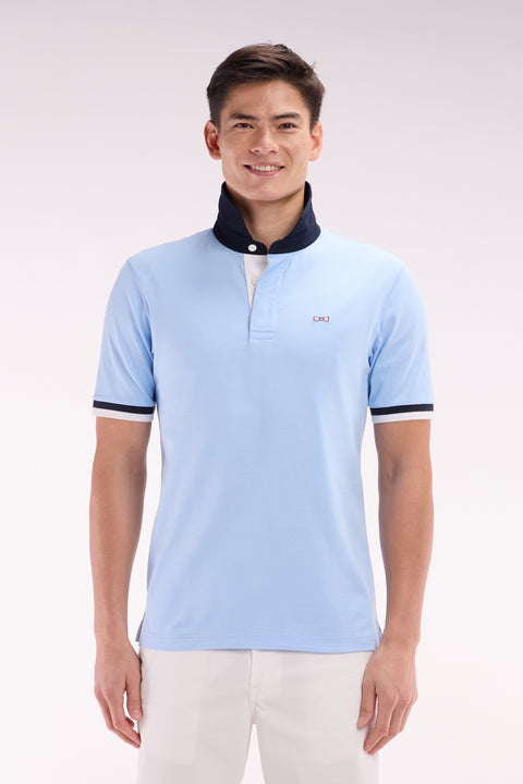 Straight-cut sky blue cotton short-sleeved rugby shirt with Eden Park back embroidery - Image 1
