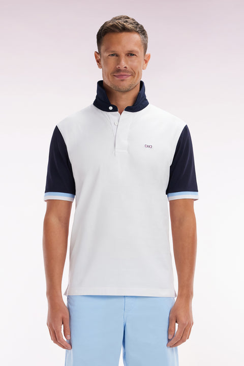 Straight-cut short-sleeved rugby shirt in navy and white cotton with back embroidery - Image 1