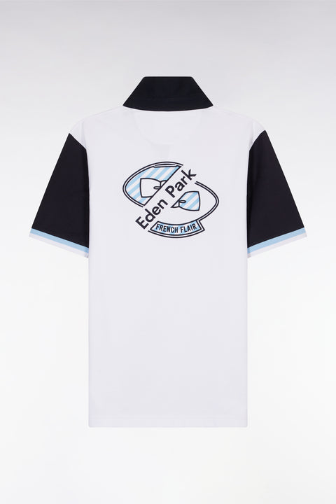 Straight-cut short-sleeved rugby shirt in navy and white cotton with back embroidery - Image 2