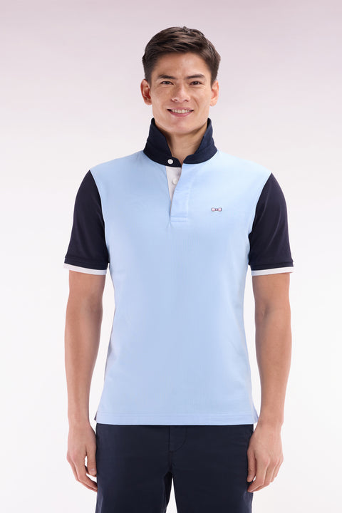 Straight-cut short-sleeved rugby shirt in navy and sky bleu cotton with back embroidery - Image 1