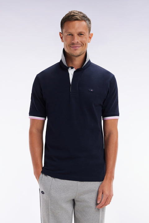 Straight-fit short-sleeved rugby shirt in navy and grey cotton with back embroidery - Image 1