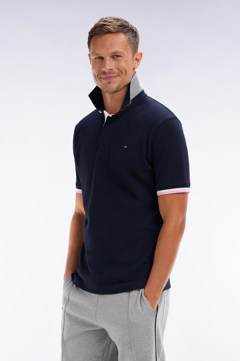 Straight-fit short-sleeved rugby shirt in navy and grey cotton with back embroidery - Image 3