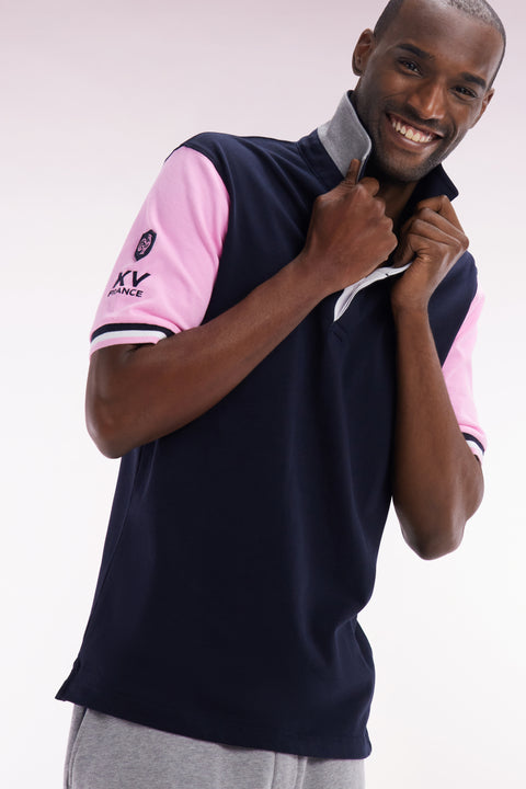 XV de France short-sleeved rugby shirt in navy and pink cotton - Image 3