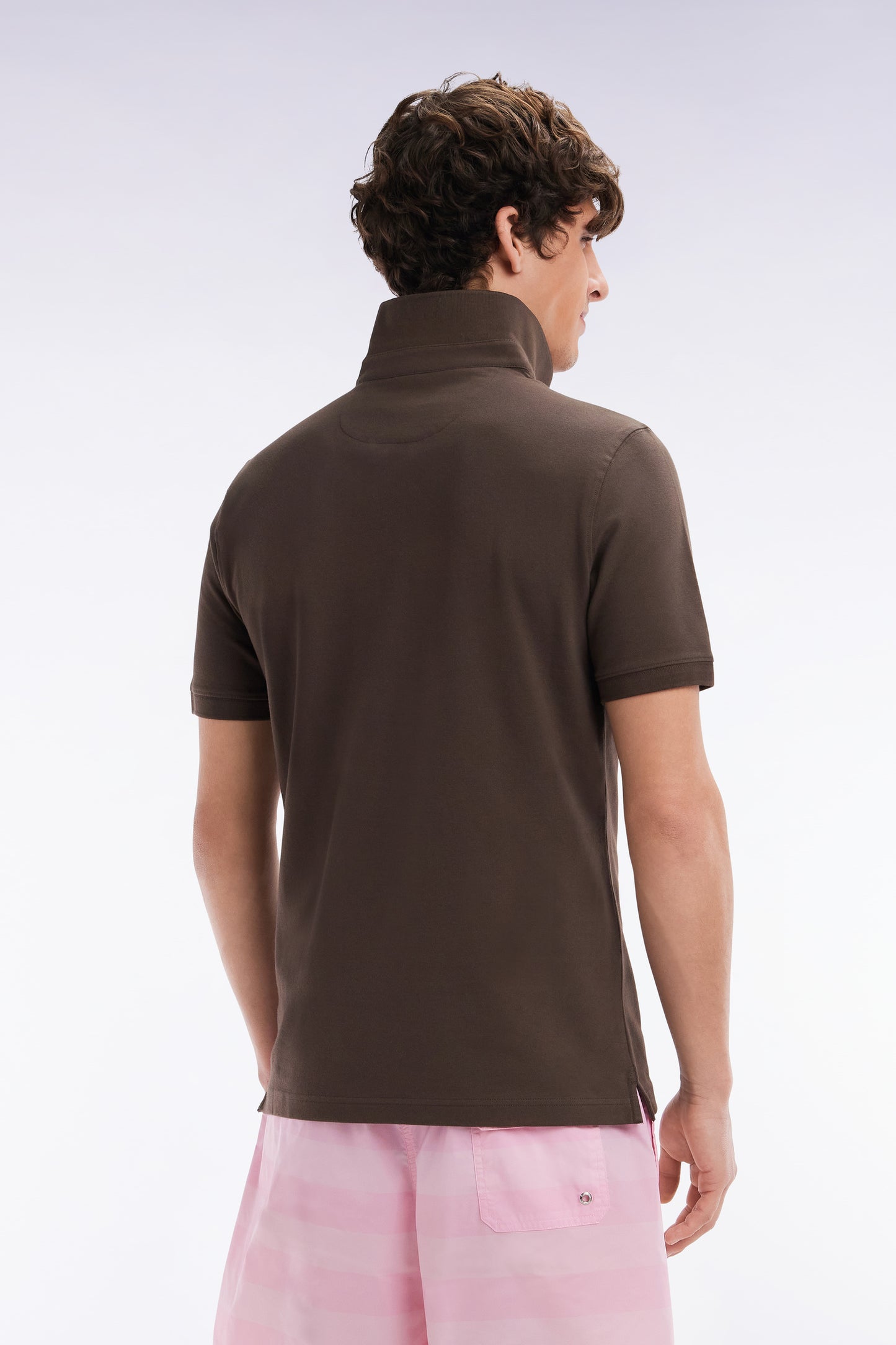 Slim-fit short-sleeved polo shirt in brown stretch cotton piqué