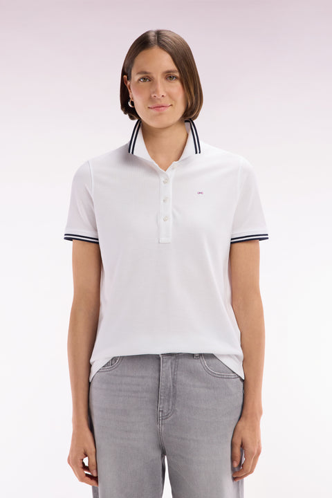 Short-sleeved polo shirt in white Pima cotton piqué with striped accents - Image 3