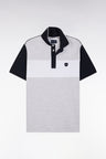 Slim-fit short-sleeved polo shirt in grey stretch cotton with contrasted stripe