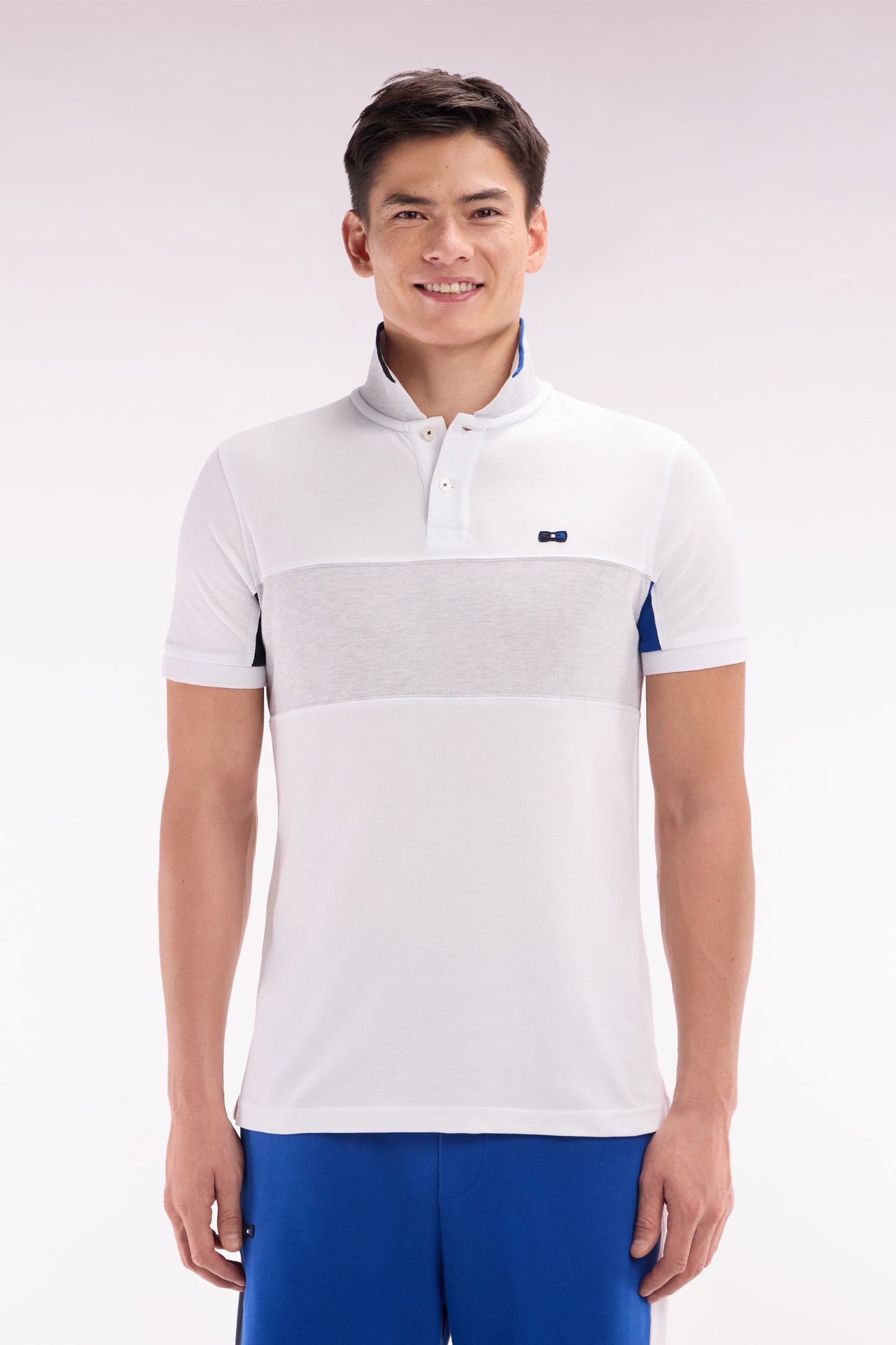 Straight-fit short-sleeved colorblock polo shirt in white cotton with grey and navy details