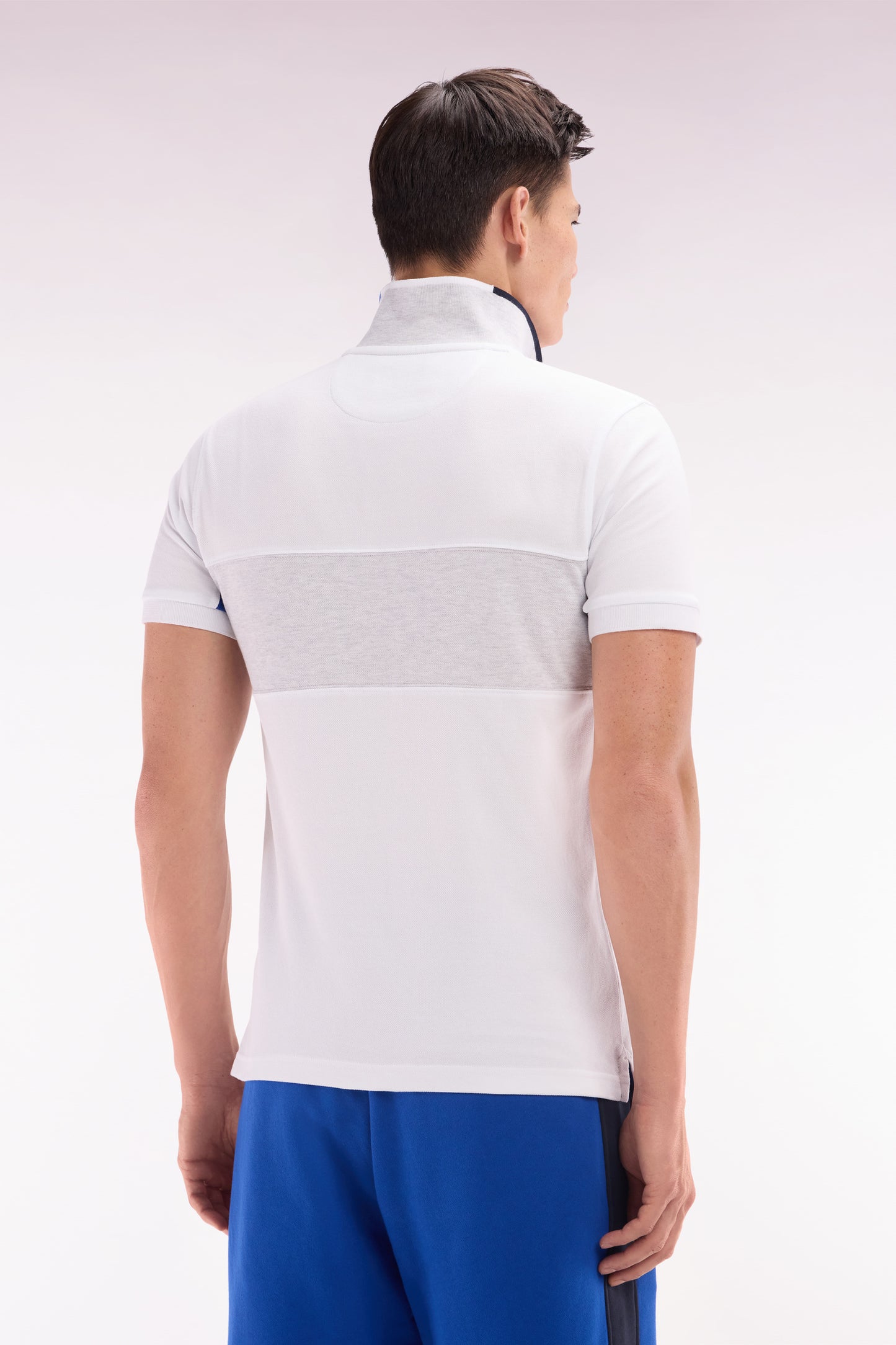 Straight-fit short-sleeved colorblock polo shirt in white cotton with grey and navy details