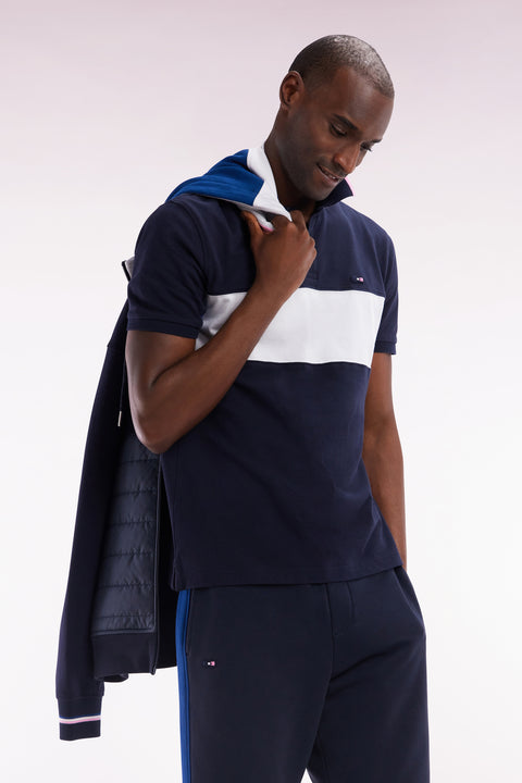 Straight-fit short-sleeved colorblock polo shirt in white cotton with grey and navy details - Image 3