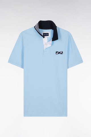 Straight-fit short-sleeved polo shirt in sky blue cotton with striped undercollar