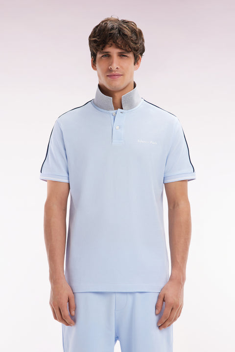Relaxed-fit plain short-sleeved polo shirt in sky blue cotton with Eden Park lettering - Image 1