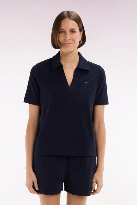 Short-sleeved polo shirt in navy cotton blend - Image 3