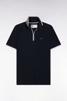 Slim-fit short-sleeved polo shirt in navy stretch cotton with zipped collar