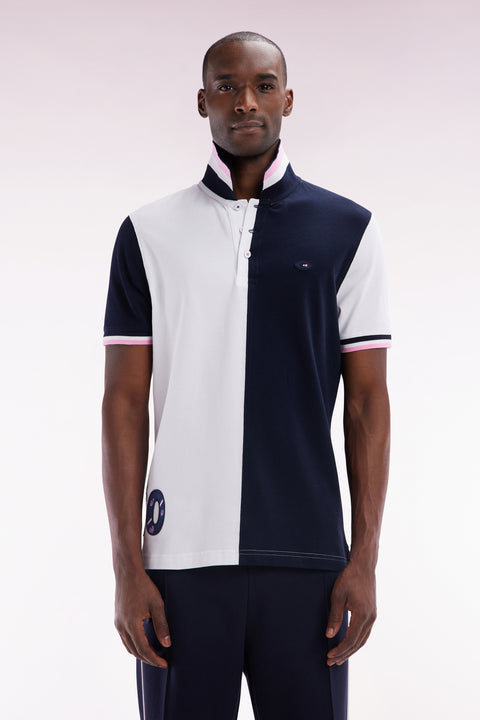 Straight-fit short-sleeved polo shirt in two-tone white and navy cotton - Image 1