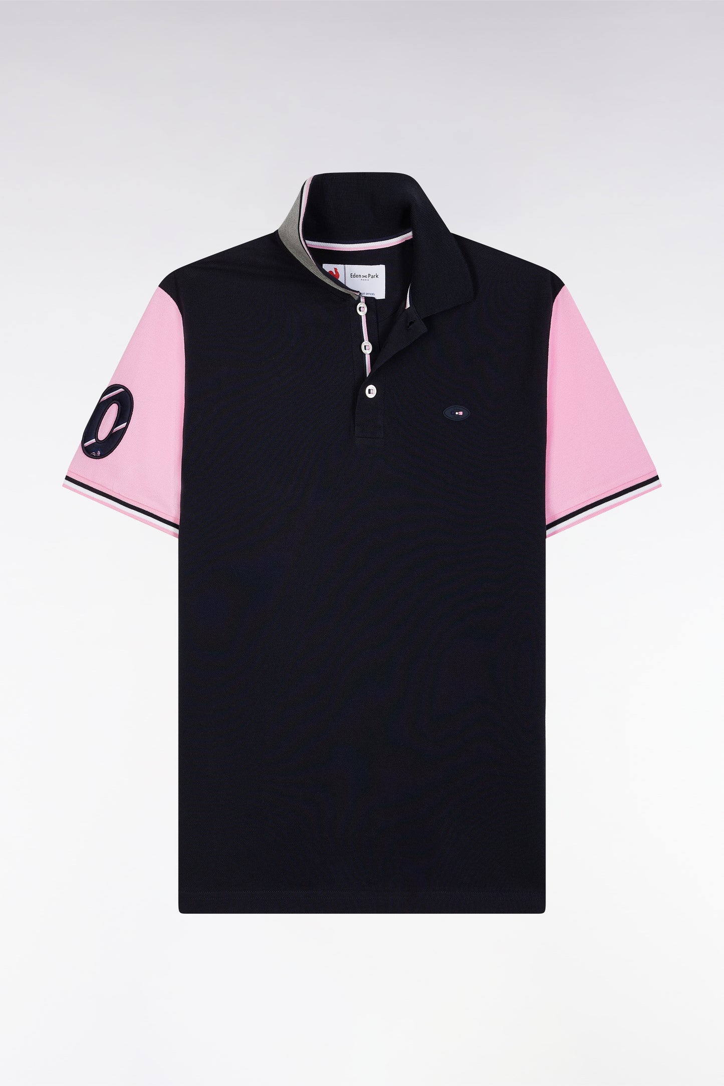 Straight-fit short-sleeved polo shirt in navy cotton piqué with 10 embroidery