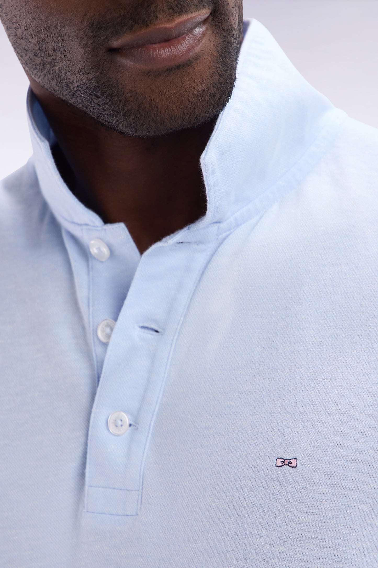Straight-fit short-sleeved polo shirt in grey blue cotton-linen blend