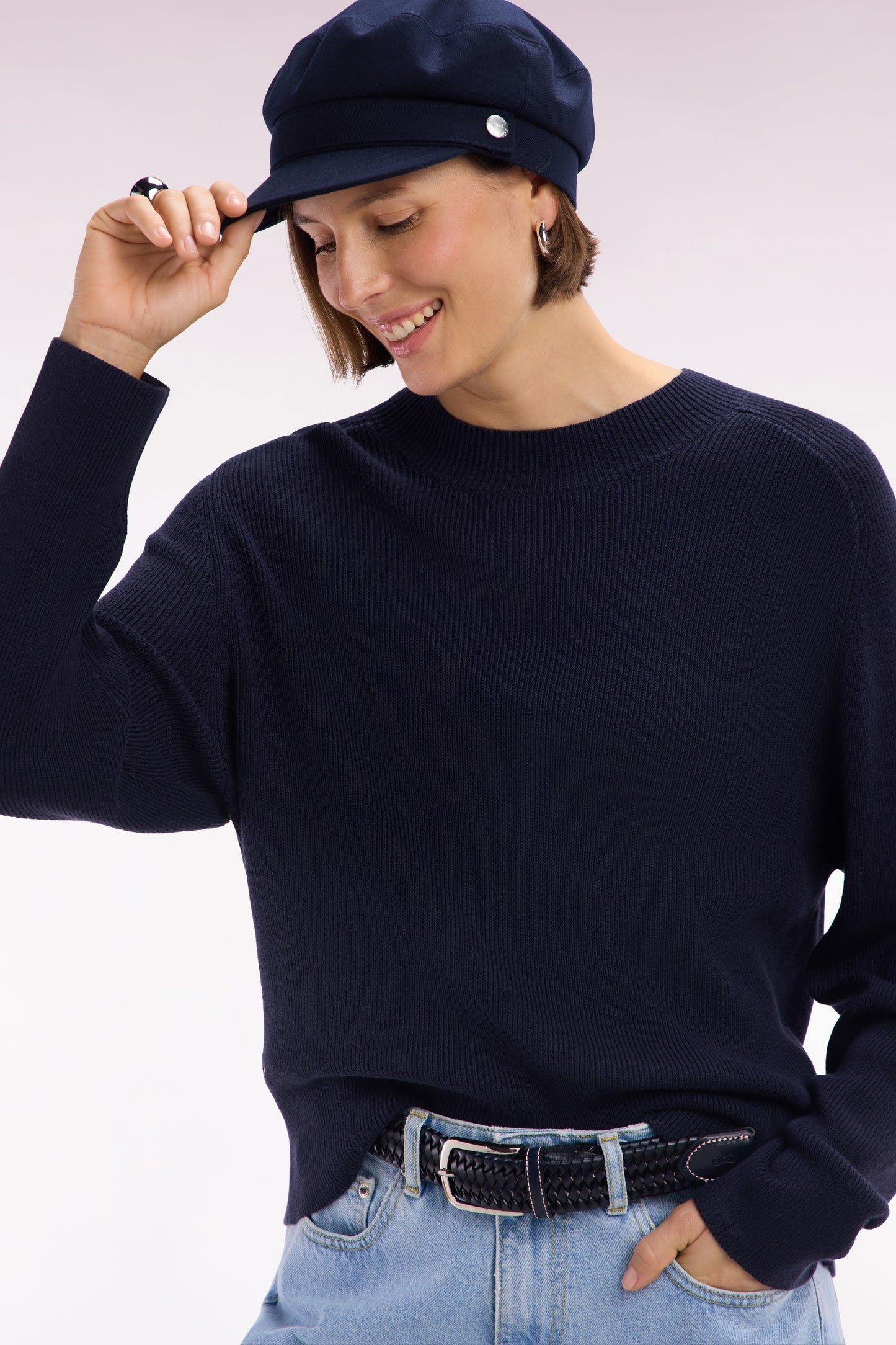 Relaxed-fit navy ribbed crew neck jumper