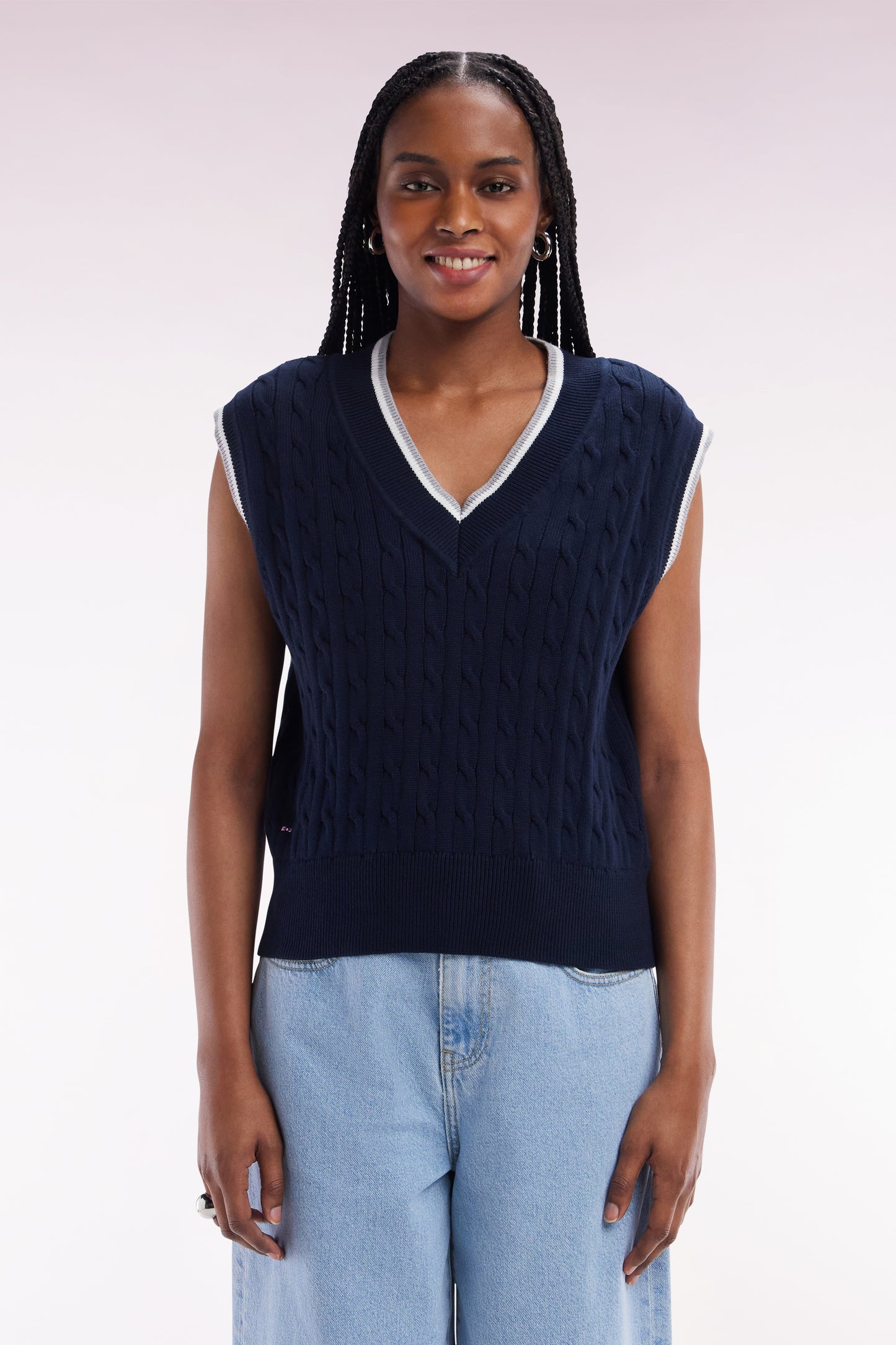 Relaxed-fit navy blue cable cotton sleeveless jumper