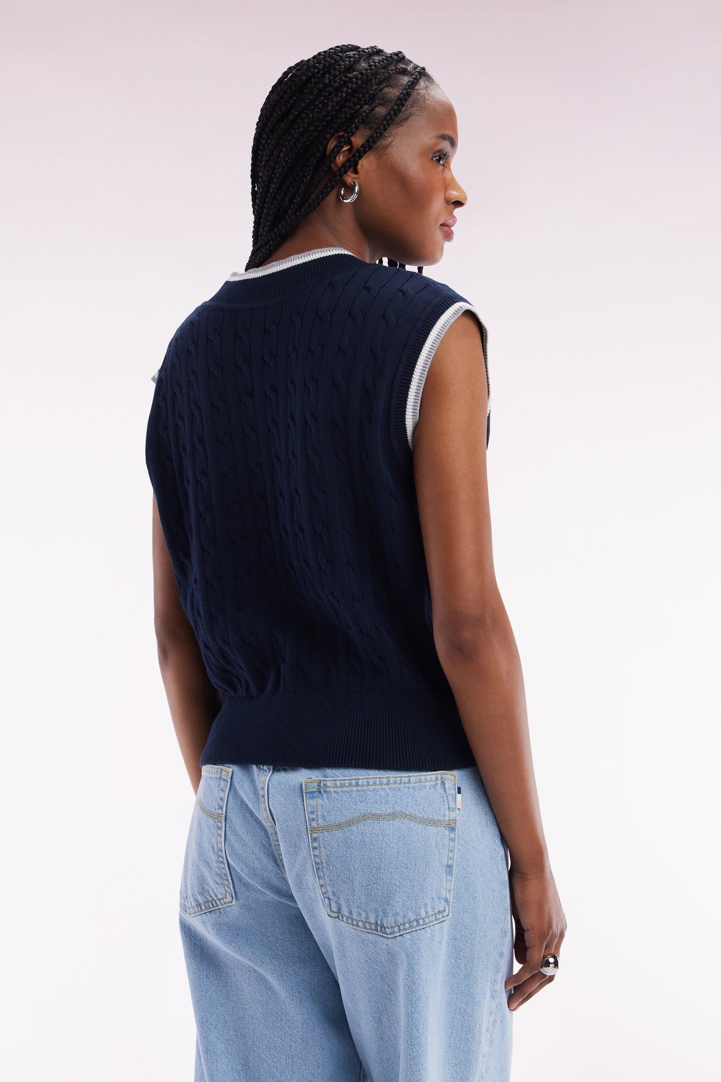 Relaxed-fit navy blue cable cotton sleeveless jumper