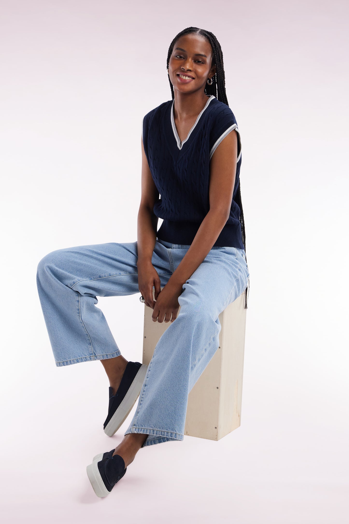 Relaxed-fit navy blue cable cotton sleeveless jumper