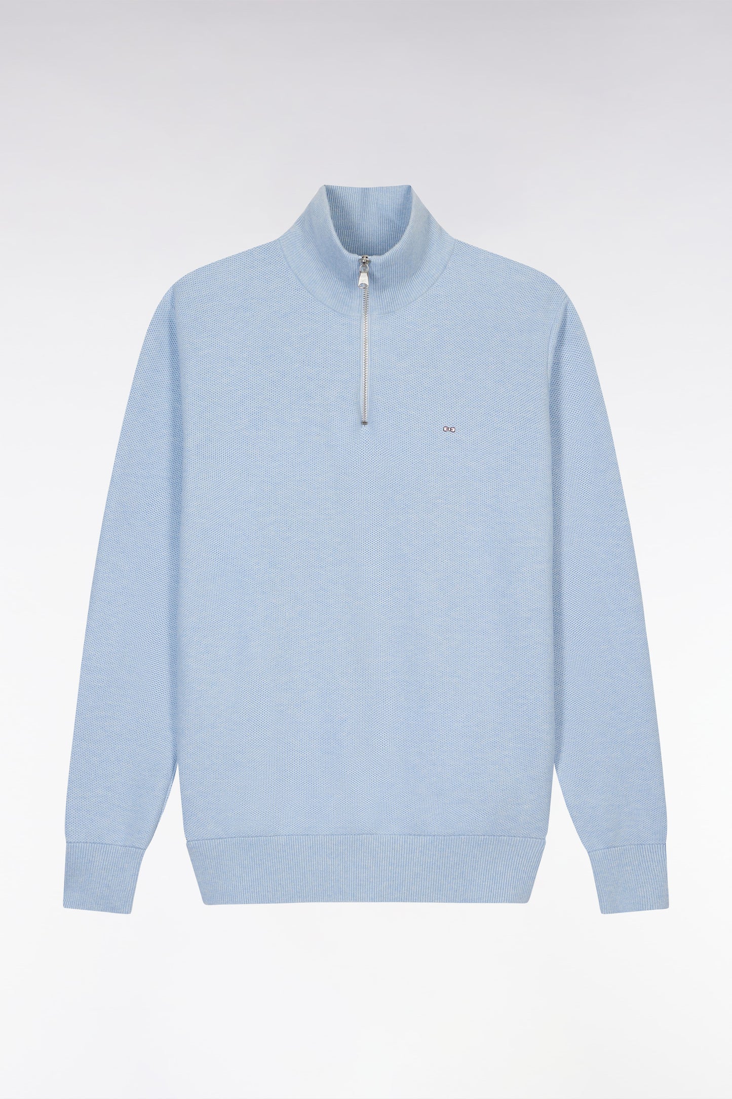 Straight-fit sky blue honeycomb cotton trucker collar jumper