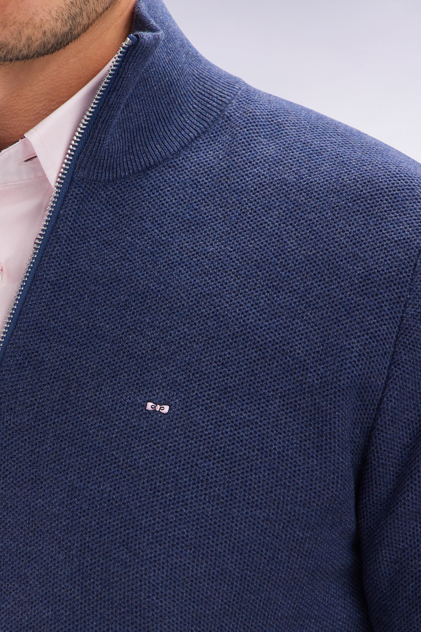 Straight-fit navy honeycomb cotton trucker collar jumper