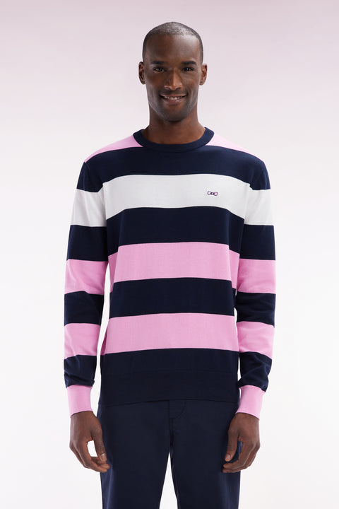 Round collar striped jumper in pink and white cotton - Image 1