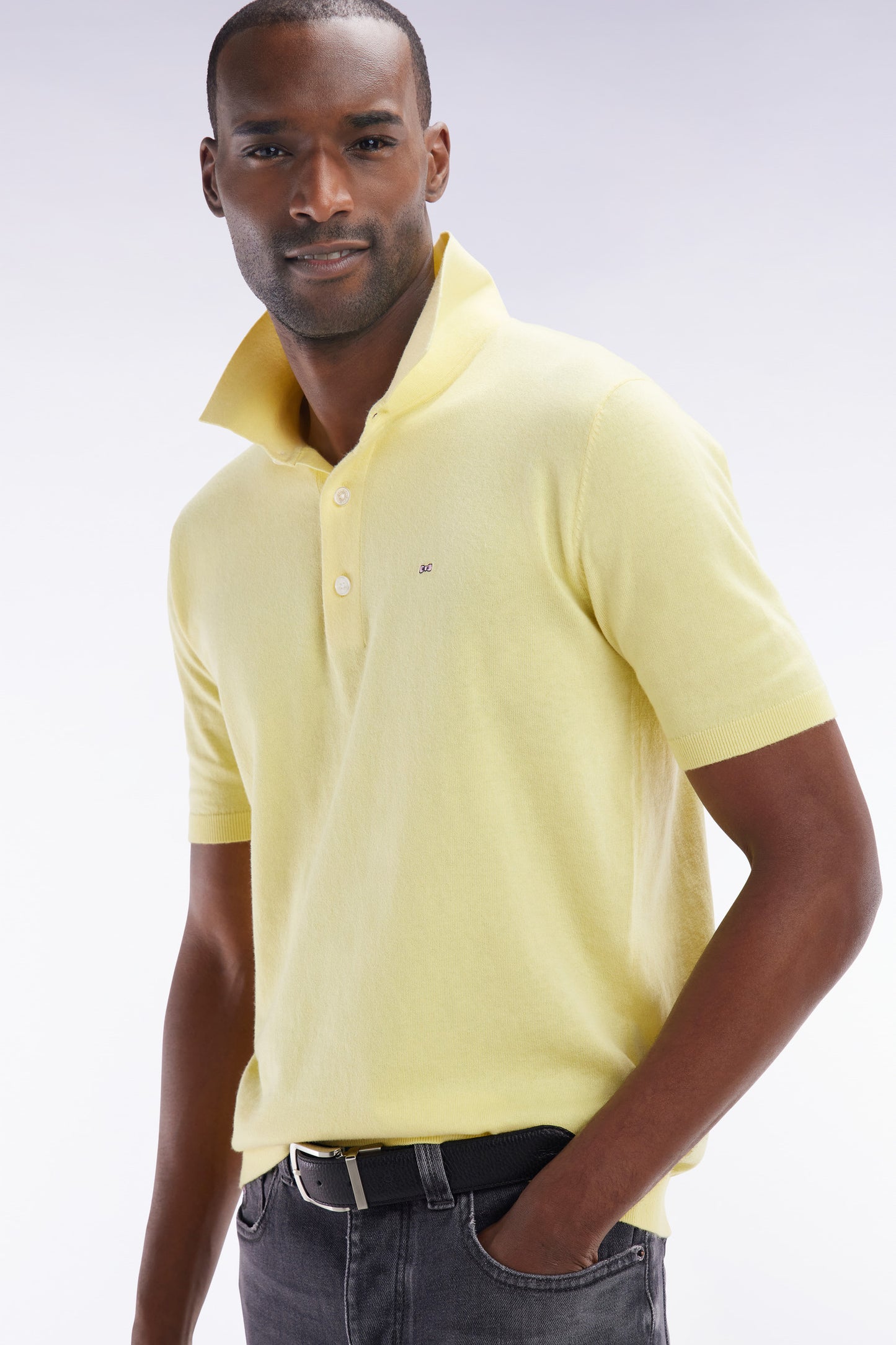 Yellow cotton and silk blend polo-neck sweater, straight cut