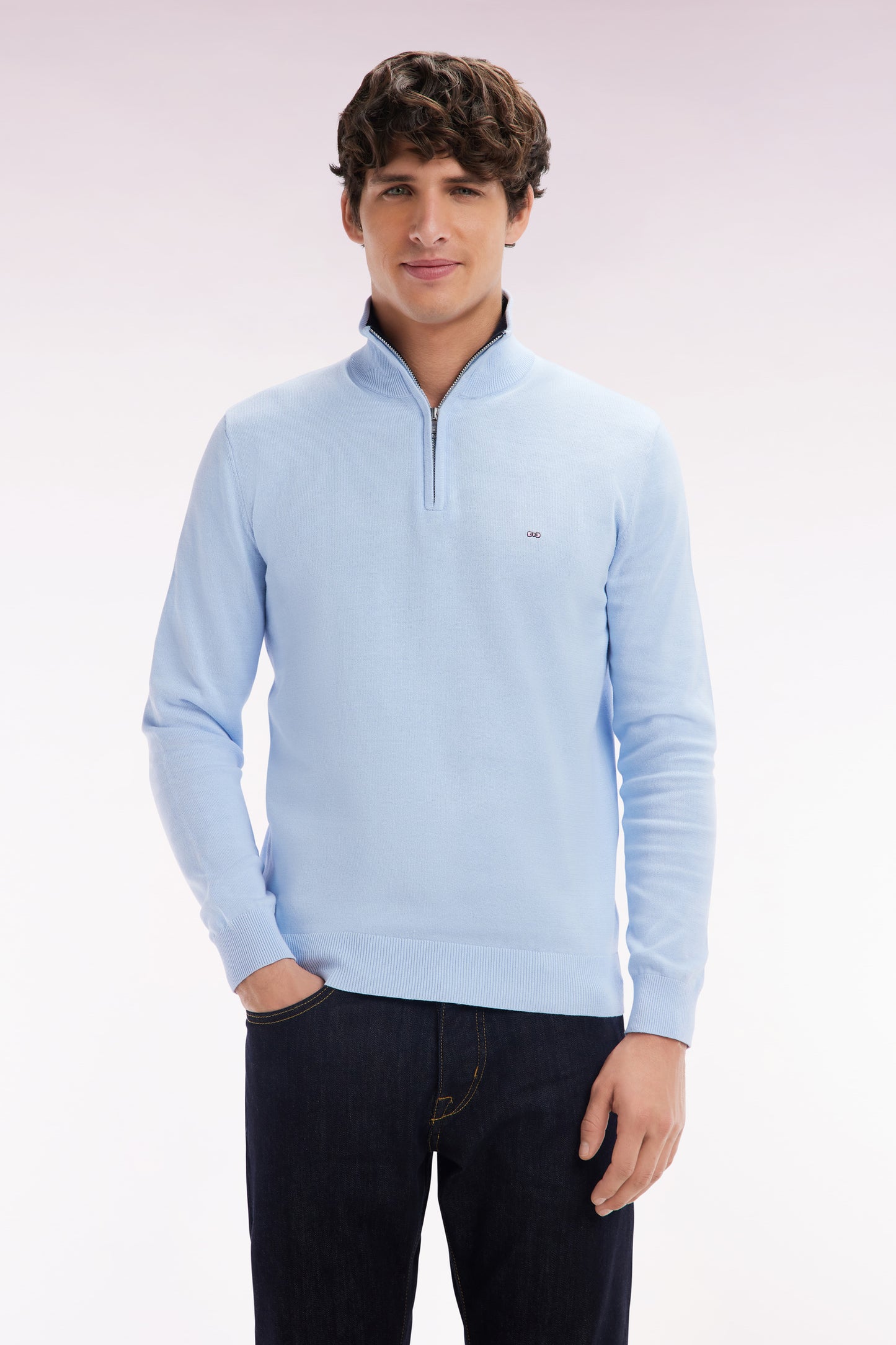 Straight-fit sky blue cotton trucker collar jumper