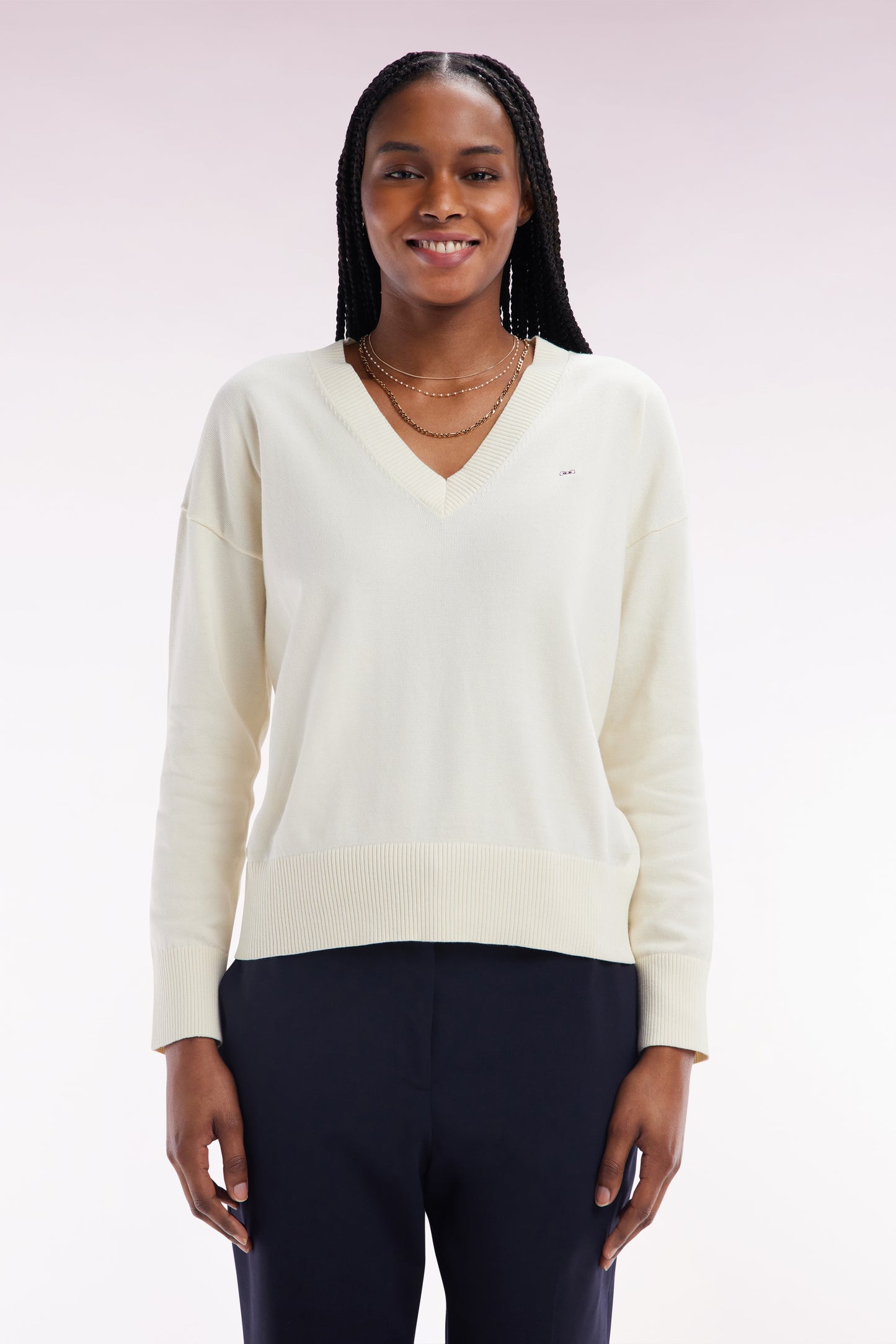 Relaxed-fit beige cotton V-neck jumper