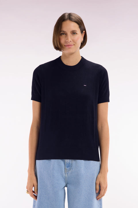 Straight-fit short-sleeved round-neck navy jumper in organic cotton cashmere blend - Image 3