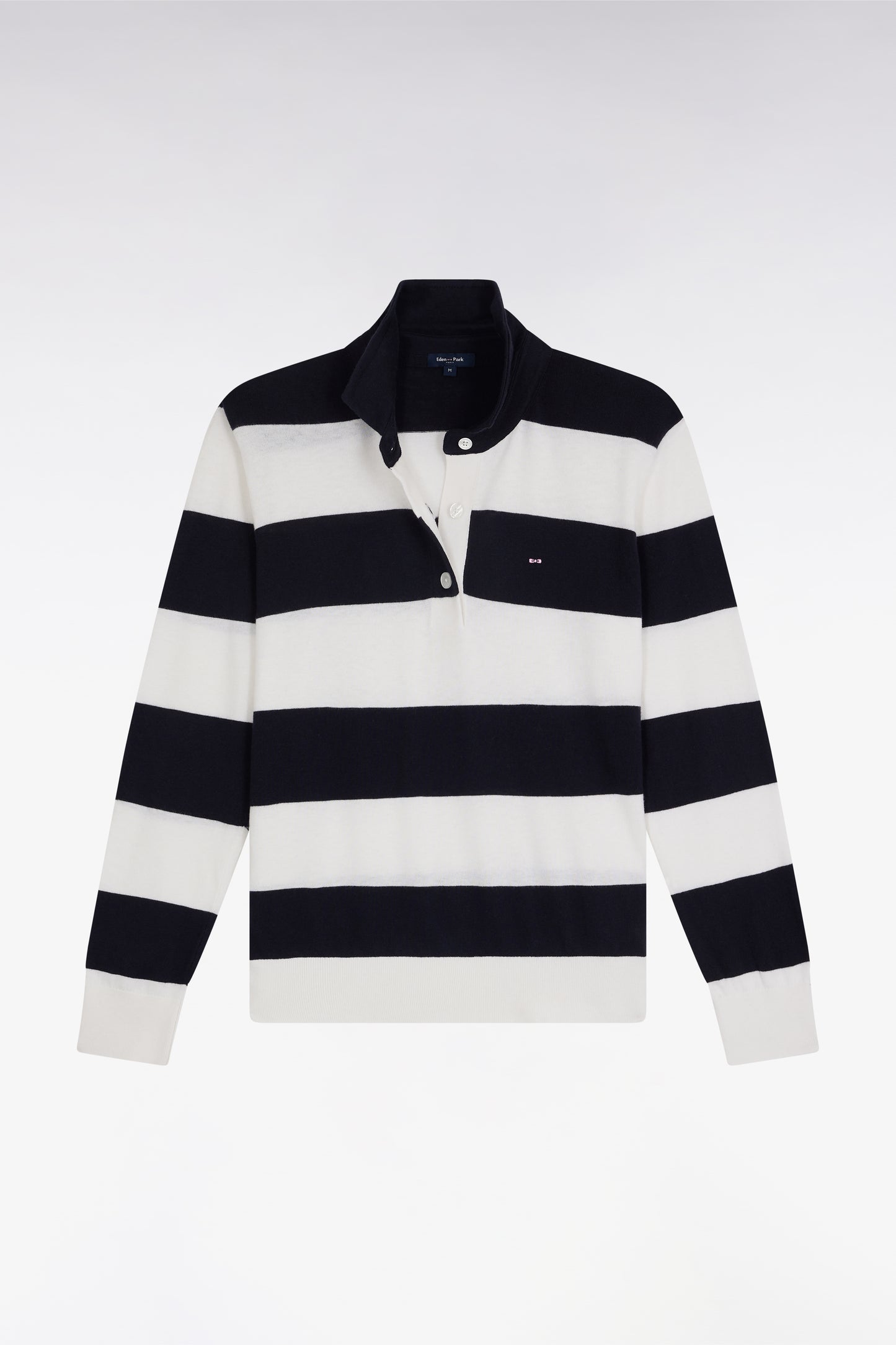 Relaxed-fit striped navy jumper with a rugby shirt collar in organic cotton and cashmere blend