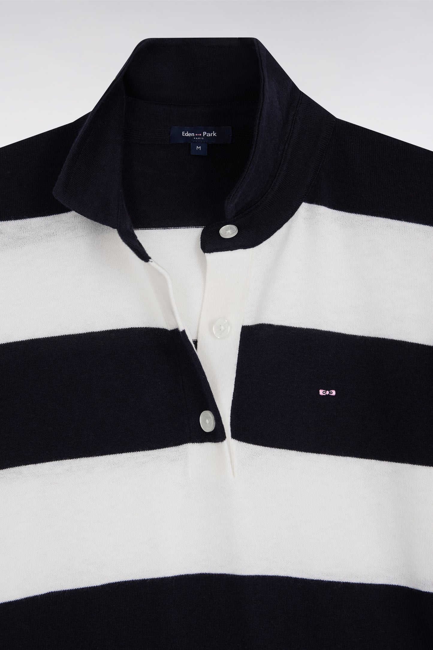 Relaxed-fit striped navy jumper with a rugby shirt collar in organic cotton and cashmere blend